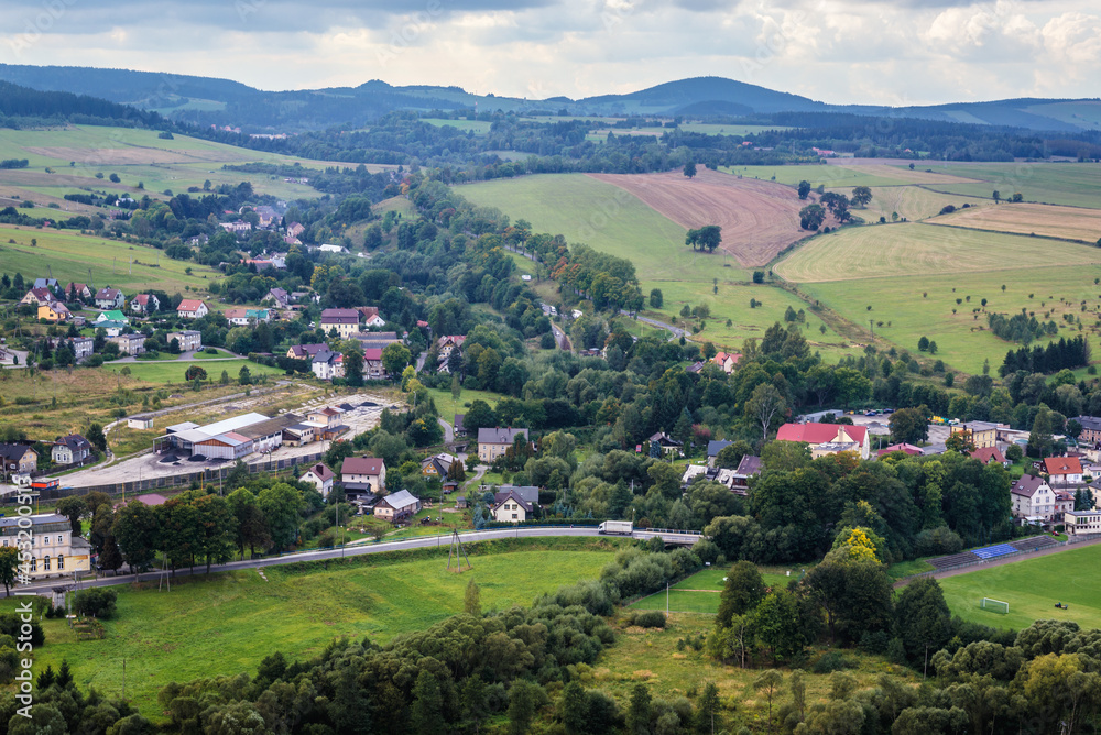 Aerial view of Szczytna town from Szczytnik mountain in the region of Lower Silesia, Poland