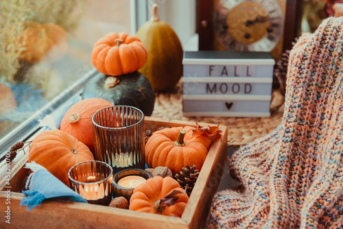 Autumn cozy mood composition on the windowsill. Pumpkins, cones, candles on wooden tray, blurred Fall mood message on lightbox, warm plaid. Autumn, fall, hygge home decor. Selective focus. Copy space. photo