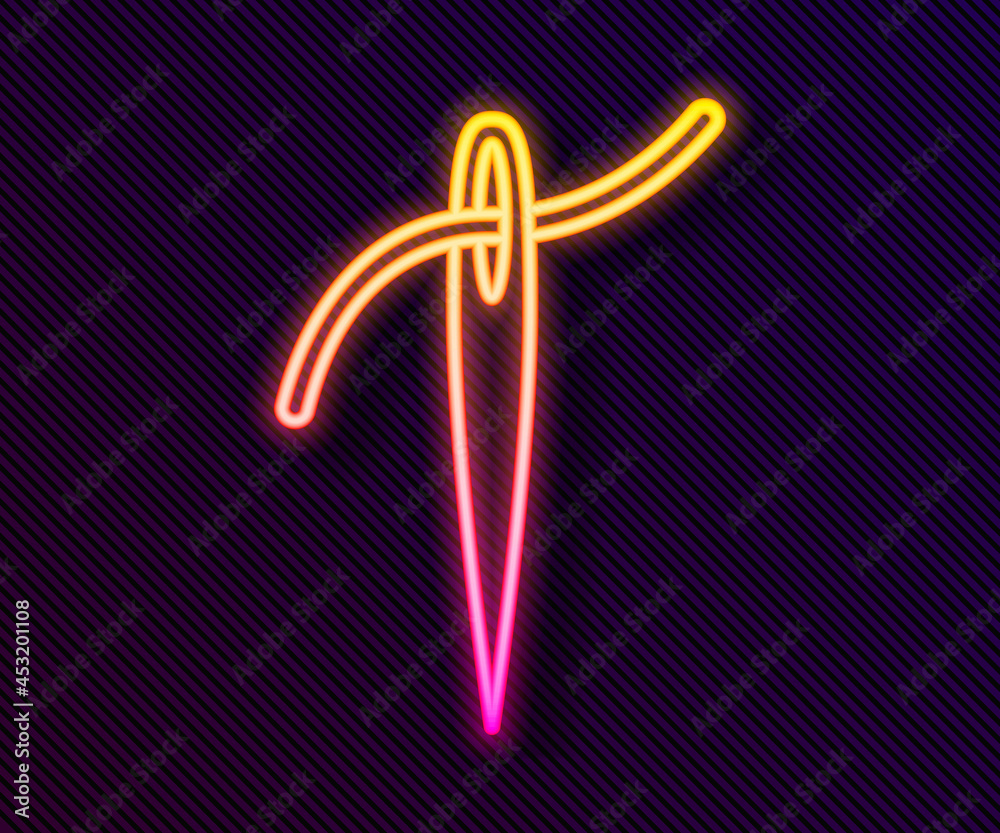 Glowing neon line Needle for sewing with thread icon isolated on black background. Tailor symbol. Textile sew up craft sign. Embroidery tool. Vector Glowing neon line Needle for sewing with thread icon isolated on black background. Tailor symbol. Textile sew up craft sign. Embroidery tool. Vector