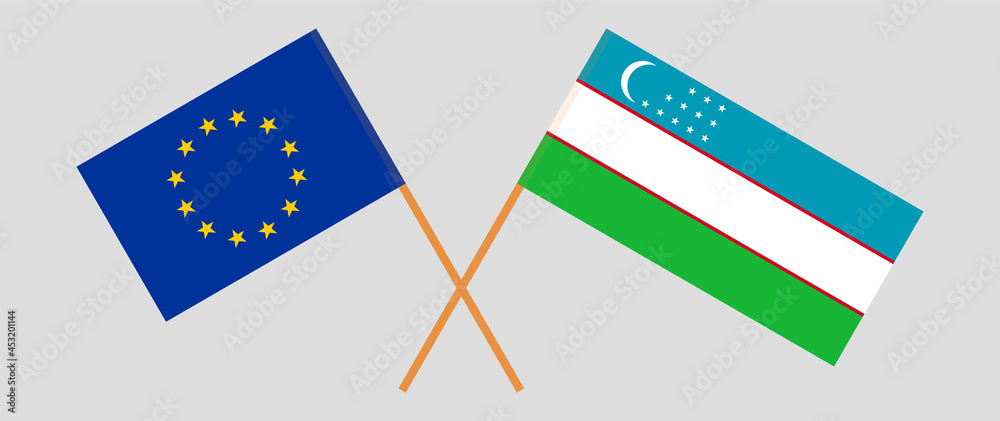 Crossed flags of the European Union and Uzbekistan. Official colors. Correct proportion Crossed flags of the European Union and Uzbekistan. Official colors. Correct proportion