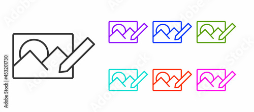 Black line Photo retouching icon isolated on white background. Photographer, photography, retouch icon. Set icons colorful. Vector