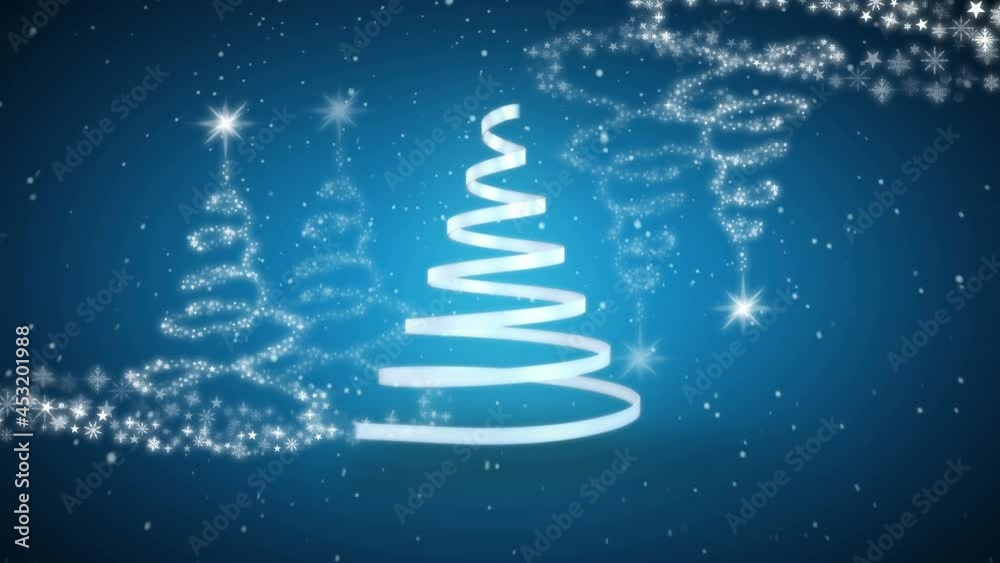 Animation of christmas white ribbon forming christmas tree on blue background