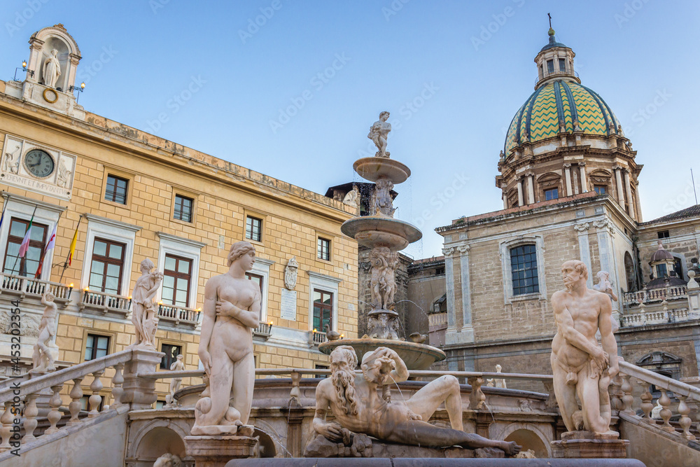 Praetorian Fountain and Palace and San Giuseppe dei Teatini church on so called Square of Shame in Palermo city, Sicily Island, Italy
