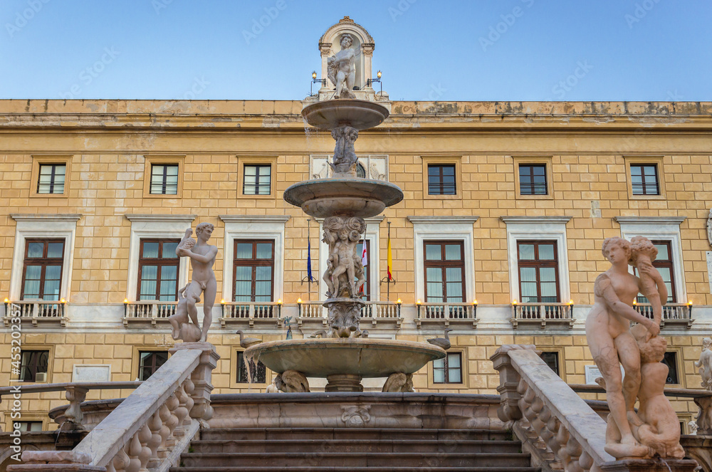 Praetorian Fountain in front of Praetorian Palace on so called Square of Shame in Palermo city, Sicily Island in Italy