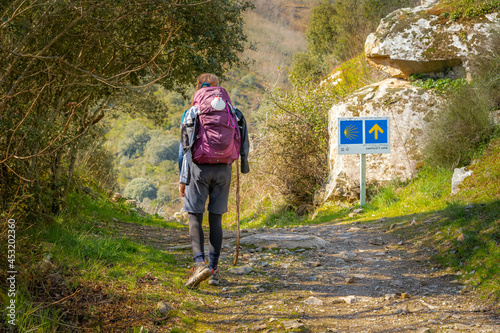 MOLINASECA, SPAIN - MARCH 07, 2020 - Pilgrim Girl Hiking in Mountain Forest Hills on Path on the Way of St James Pilgrimage Trail Camino de Santiago photo