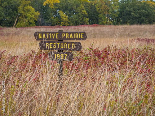 Native prairie restoration sign surrounded by prairie grasses and other plants in fall