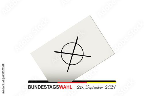 Wahlurne mit Wahlbogen und Wahlkreuz,
Wahlen, Bundestagswahlen, Deutschland, mit Flagge,
Vektor Illustration isoliert auf weißem Hintergrund
