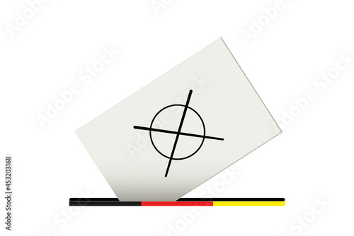 Wahlurne mit Wahlbogen und Wahlkreuz,
Wahlen, Bundestagswahlen, Deutschland, mit Flagge,
Vektor Illustration isoliert auf weißem Hintergrund
