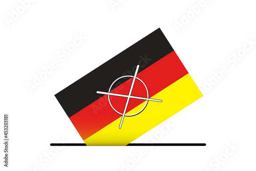 Wahlurne mit Wahlbogen und Wahlkreuz,
Wahlen, Bundestagswahlen, Deutschland, mit Flagge,
Vektor Illustration isoliert auf weißem Hintergrund
