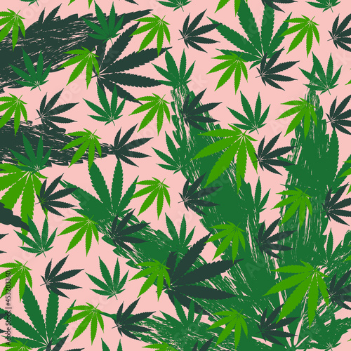 Cannabis green color seamless pattern on pink background. Attrition texture.