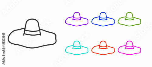 Black line Elegant women hat icon isolated on white background. Set icons colorful. Vector