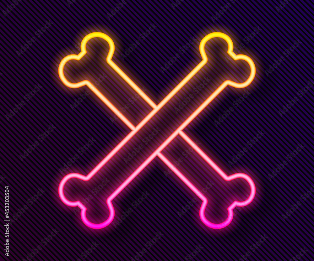 Glowing neon line Crossed bones icon isolated on black background. Pets food symbol. Happy Halloween party. Vector Glowing neon line Crossed bones icon isolated on black background. Pets food symbol. Happy Halloween party. Vector