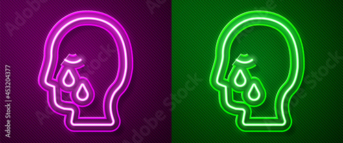 Glowing neon line Man graves funeral sorrow icon isolated on purple and green background. The emotion of grief, sadness, sorrow, death. Vector