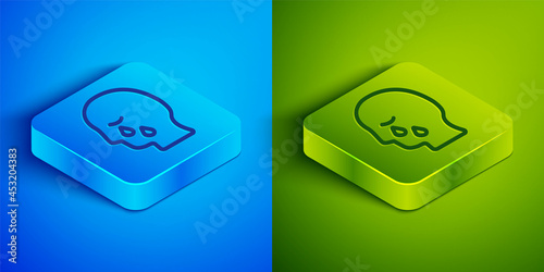 Isometric line Man graves funeral sorrow icon isolated on blue and green background. The emotion of grief, sadness, sorrow, death. Square button. Vector