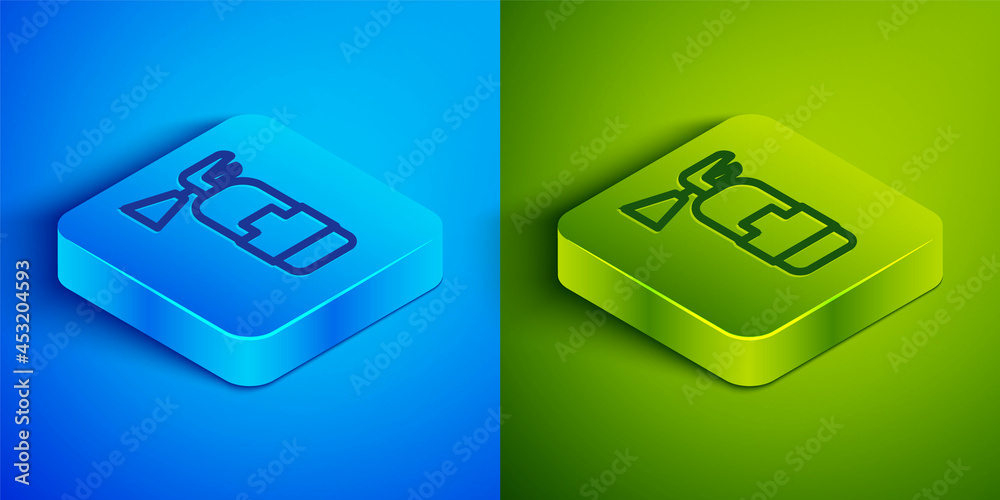 Isometric line Fire extinguisher icon isolated on blue and green background. Square button. Vector