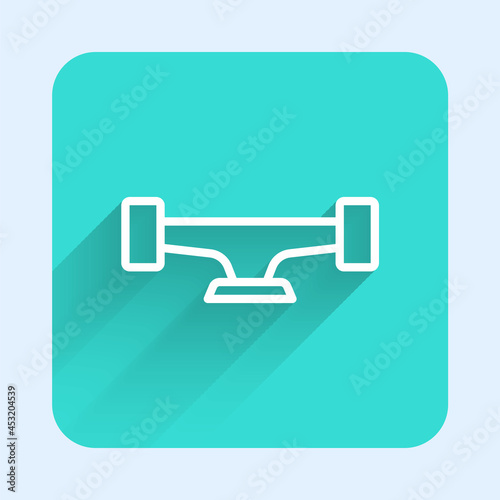 White line Skateboard wheel icon isolated with long shadow background. Skateboard suspension. Skate wheel. Green square button. Vector