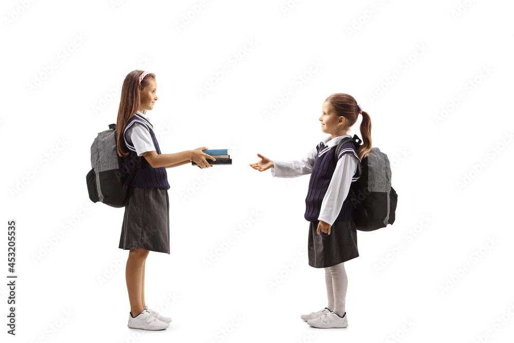 Fototapeta premium Schoolgirl giving books to another schoolgirl
