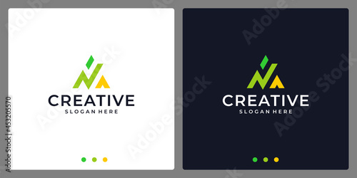 Initial letter A N logo design template with investment financial analytics and mountain peak graphic vector illustration. Symbol, icon, creative.