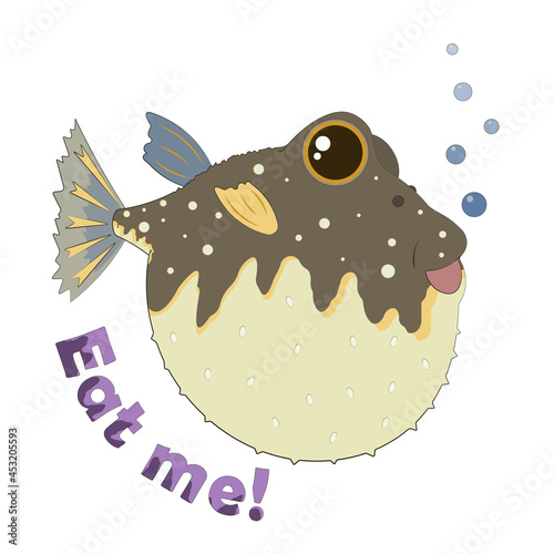 Print with puffer fish and the inscription eat me