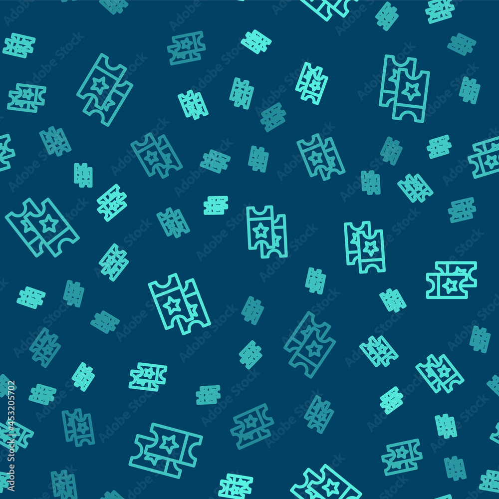 Obraz premium Green line Cinema ticket icon isolated seamless pattern on blue background. Vector