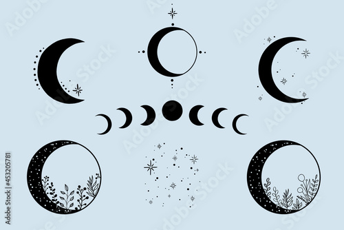 Hand Drawn Moon and Stars clipart. Floral Moon and Moon Passes. Fotobehang