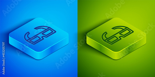 Isometric line 3D cinema glasses icon isolated on blue and green background. Square button. Vector