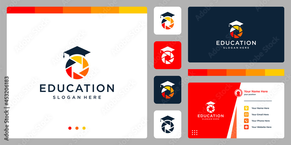 College, Graduation cap, Campus, Education logo design with photography graphic vector illustration. Symbol, icon, creative.