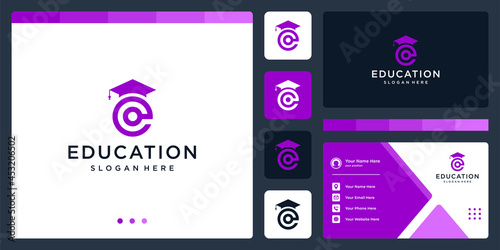 	 College, Graduation cap, Campus, Education logo design with initial letter e graphic vector illustration. Symbol, icon, creative.