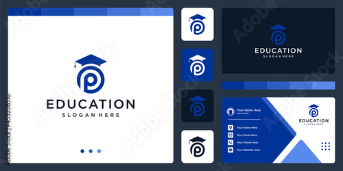 College, Graduation cap, Campus, Education logo design with initial letter p graphic vector illustration. Symbol, icon, creative.