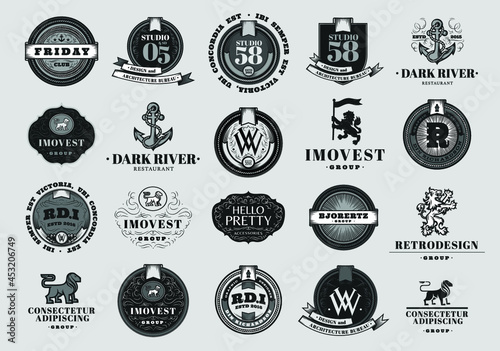 Retro badge. Old emblem, logo frame and vintage silhouette badges hipster design vector set