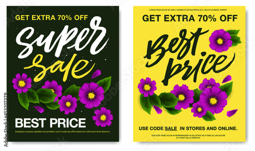 "Sale" and "Big Sale" vector illustrations set. Sale header or banner with a handwritten Inscription and pink flowers. Layout template for your designs: flyers, banners, posters, labels.