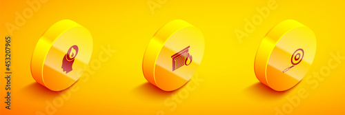 Set Isometric Firefighter, in burning garage and hose reel icon. Vector