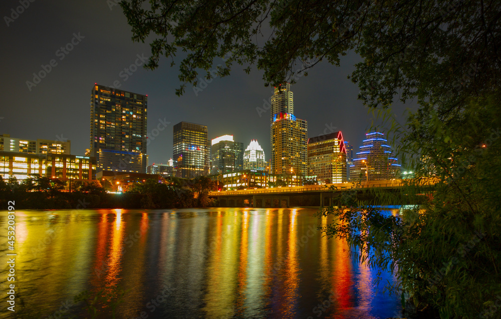 View of Austin, Texas in USA downtown skyline. Reflection in water.