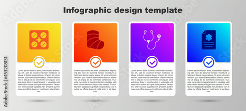 Set Pills in blister pack, Gypsum, Stethoscope and Clinical record. Business infographic template. Vector
