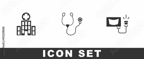 Set Medical hospital building, Stethoscope and Ultrasound icon. Vector