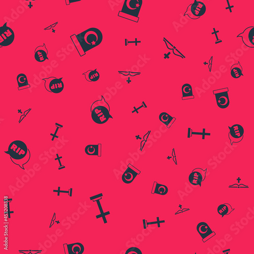 Set Grave with cross, Muslim cemetery, Speech bubble rip death and Holy bible book on seamless pattern. Vector