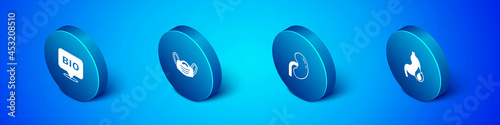 Set Isometric Bio healthy food, Human kidney, Stomach heartburn and Medical protective mask icon. Vector