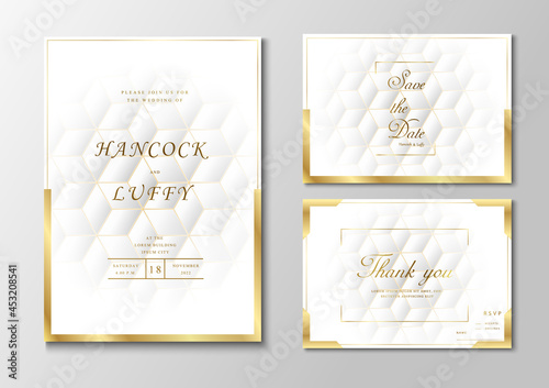  Elegant premium white wedding invitation card template. Geometric design luxury background with golden frame