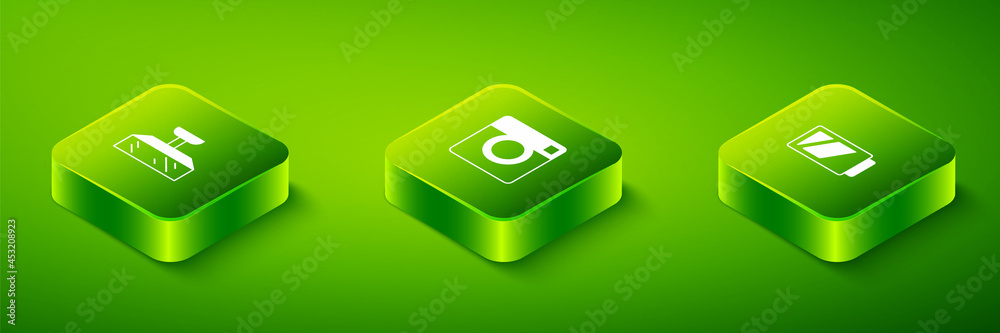 Set Isometric Photo camera, Battery for and Softbox light icon. Vector Set Isometric Photo camera, Battery for and Softbox light icon. Vector