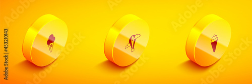 Set Isometric Ice cream in waffle cone, Hot air balloon and icon. Vector