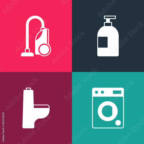 Set pop art Washer, Toilet bowl, Dishwashing liquid bottle and Vacuum cleaner icon. Vector