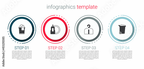 Set Bucket with foam, Dishwashing liquid bottle, Hanger wardrobe and Trash can. Business infographic template. Vector