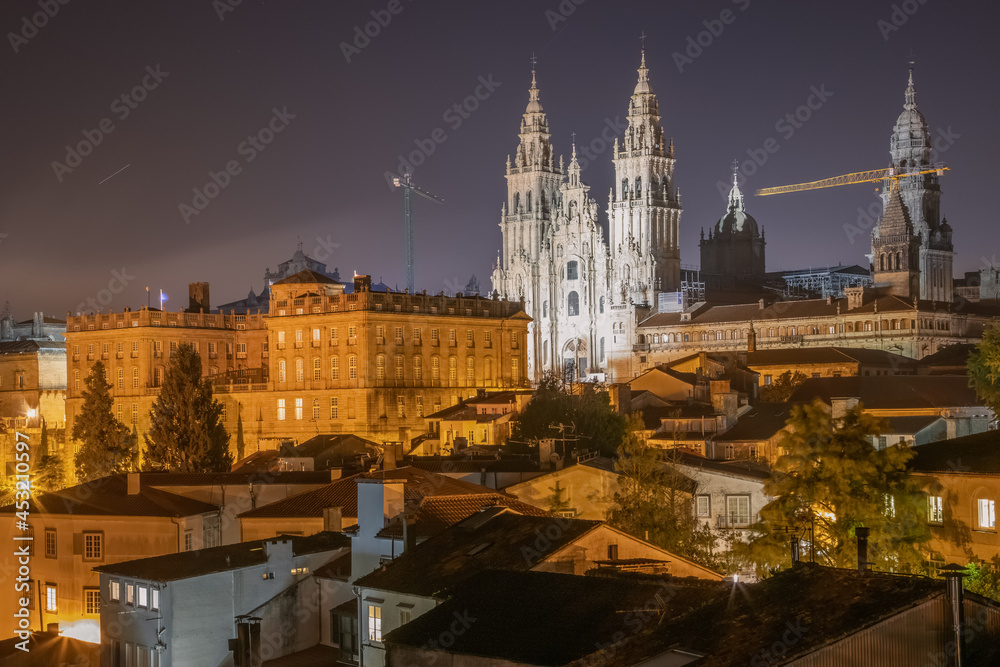 Night View of Buildings in Santiago de Compostela Old Historic Center and the UNESCO World Heritage Cathedral on the Way of St James Pilgrim Trail Camino de Santiago