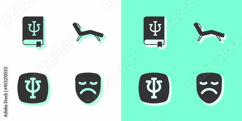 Set Drama theatrical mask, Psychology book, Psi, Psychology, and Armchair icon. Vector