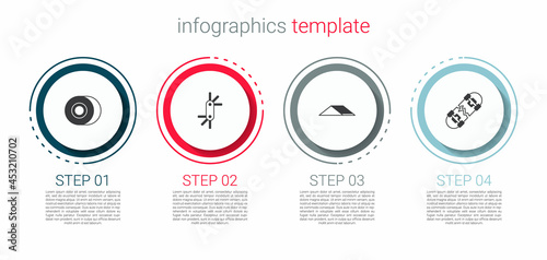 Set Skateboard wheel, Tool allen keys, park and Broken skateboard. Business infographic template. Vector