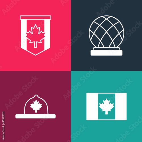 Set pop art Flag of Canada, Canadian ranger hat, Montreal Biosphere and Pennant flag icon. Vector