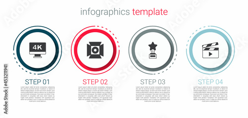 Set Screen tv with 4k, Movie spotlight, trophy and clapper. Business infographic template. Vector