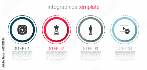 Set Stereo speaker, Movie trophy, and Screen tv with 4k. Business infographic template. Vector