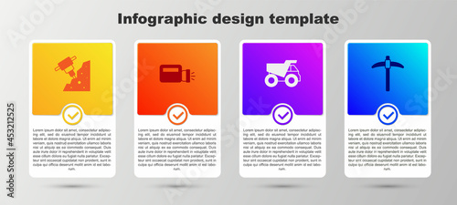 Set Construction jackhammer, Flashlight, Mining dump truck and Pickaxe. Business infographic template. Vector