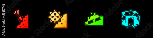 Set Shovel and stone, Bucket wheel excavator, Conveyor belt carrying coal and Mine entrance icon. Vector